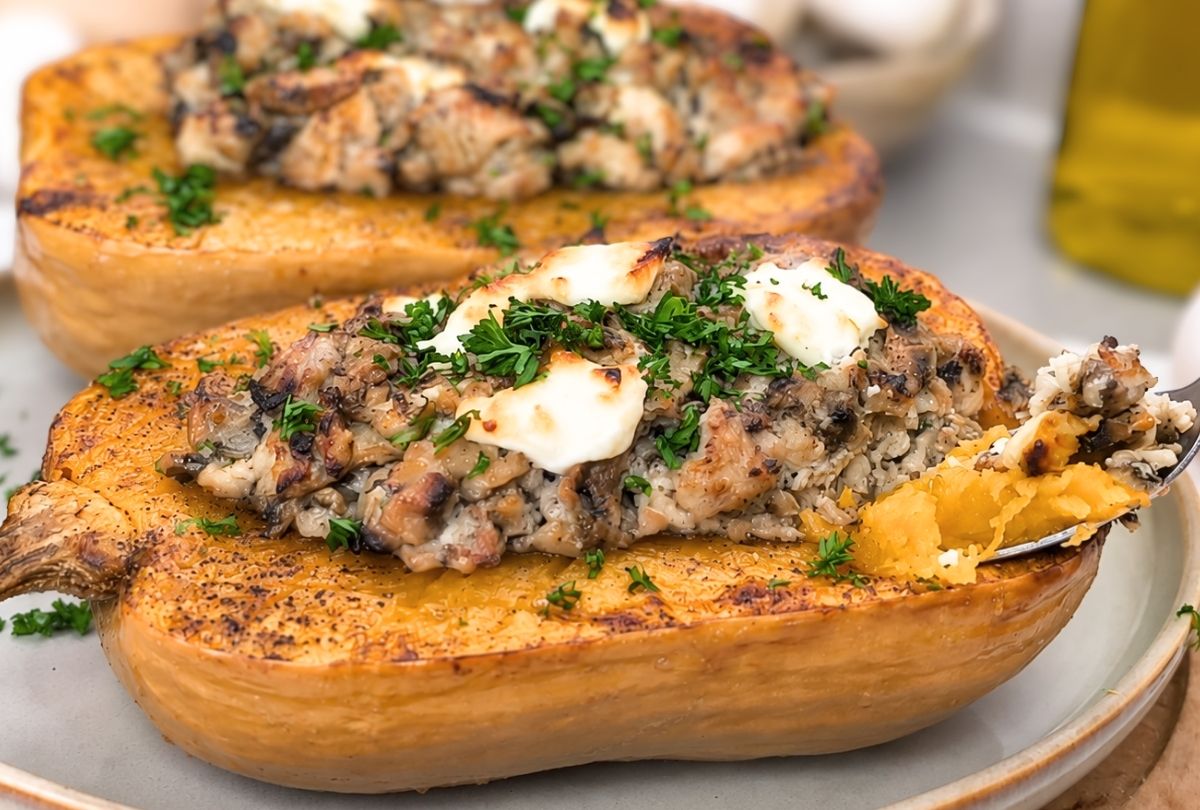 Butternut au four farcie au champignon chevre et poulet BLOG