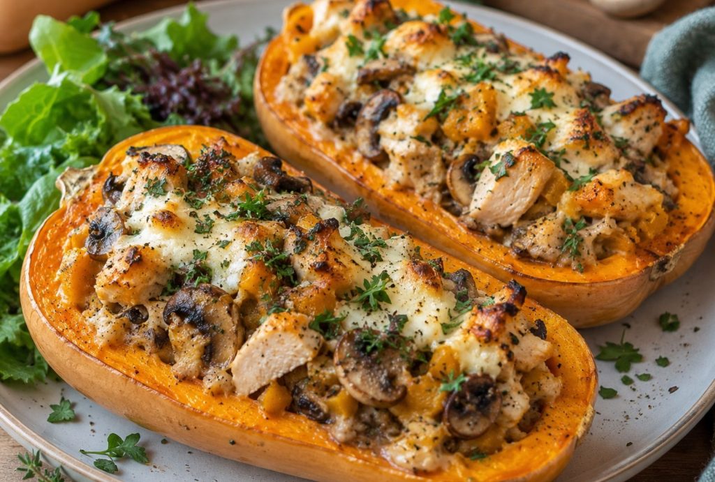 Butternut rôti au four au poulet et champignon